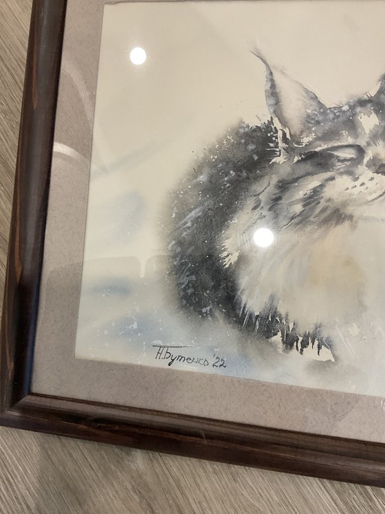 Snow cat, original watercolour