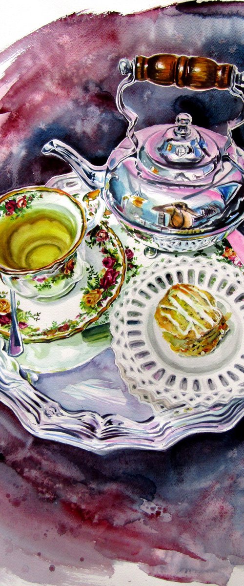 Still life with tea set in the garden by Kovács Anna Brigitta