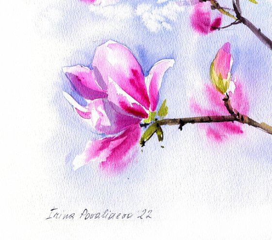 Magnolia flowers original watercolor painting, floral artwork, pink and green impressionistic wall art, bedroom decor, gift for her