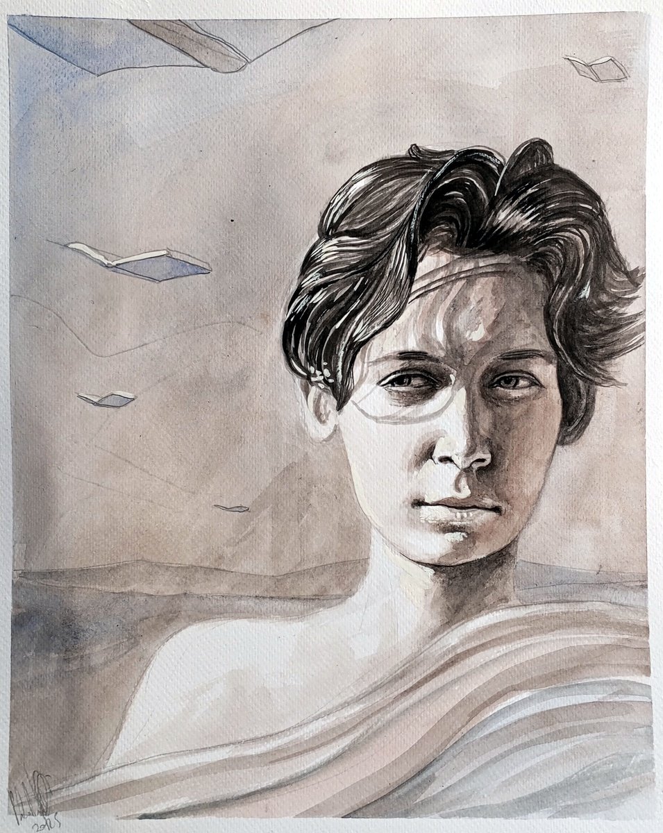 Illustrative Portrait Drawing By Paolo Beneforti, 9 X 12", In The Land Of Literature, Original Artwork
