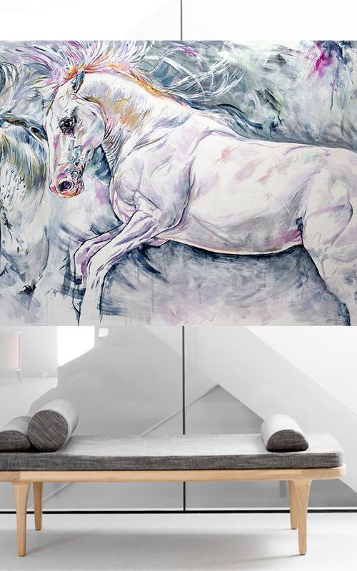 Freedom / Horses 60" x 29" X Large painting / Modern Equine Contemporary by Anna Sidi-Yacoub