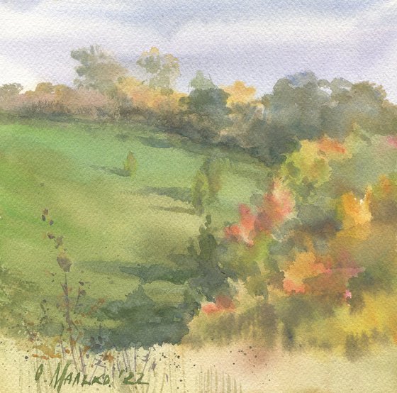 First steps of Autumn. Plein air sketch / ORIGINAL picture Small size watercolor Square format
