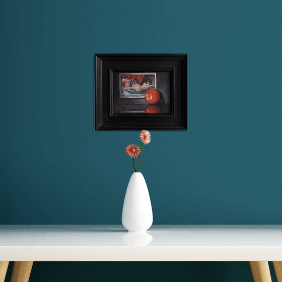 Velázquez & Nectarine Still Life original oil realism painting, with wooden frame.