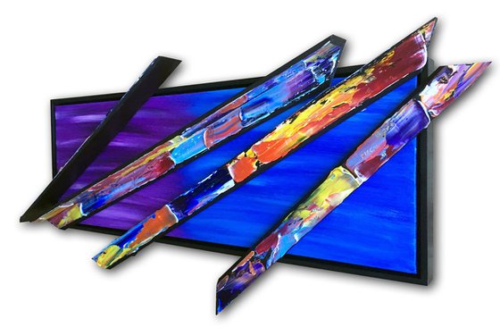 "Pick Up The Pieces" - FREE USA SHIPPING - Original PMS Mixed Media Sculptural Painting On Canvas and Wood, Framed - 44 x 20 inches