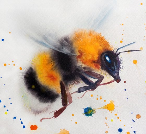 Flying Bumblebee. Original watercolour painting.
