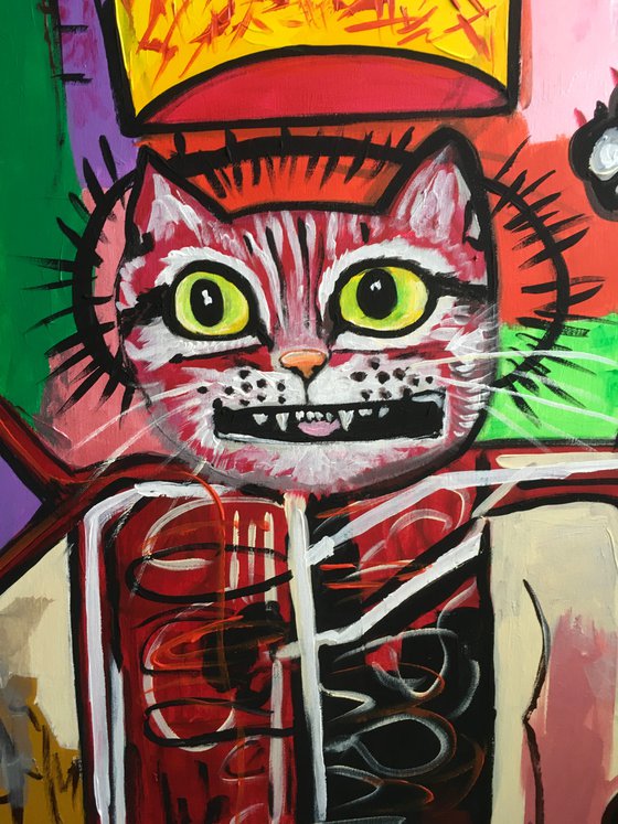 KING TROY the cat, ( 102 x 91 cm, 40 x 36 inches),  multi-armed, multitasking, inspired by Basquiat and Indian culture, solving the problems of the modern rapidly changing world in parallel and seamlessly