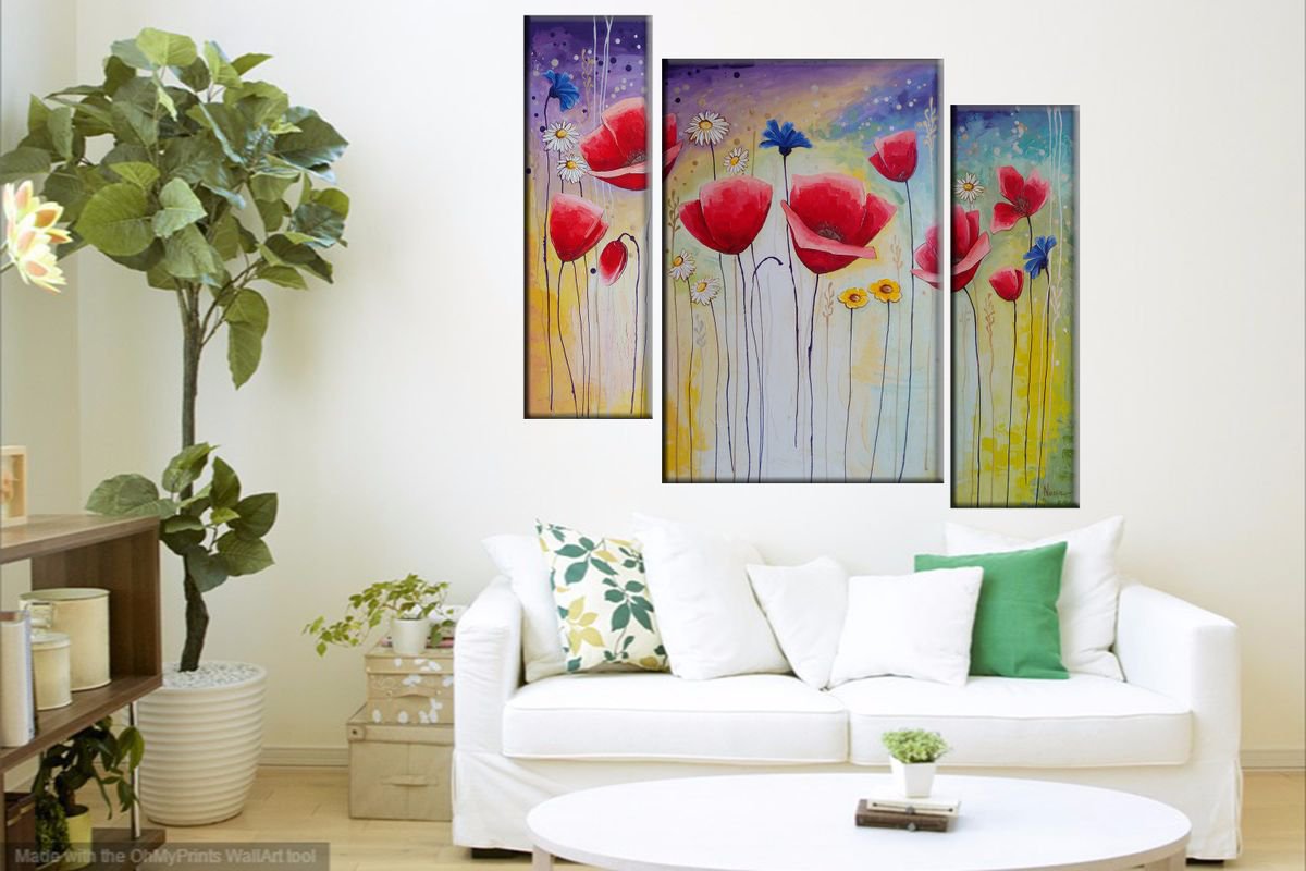 Abstract red poppies (20x60 40x60 20x60cm, acrylic painting, ready to hang) by Narine Vardanyan (Narinart Armgallery)
