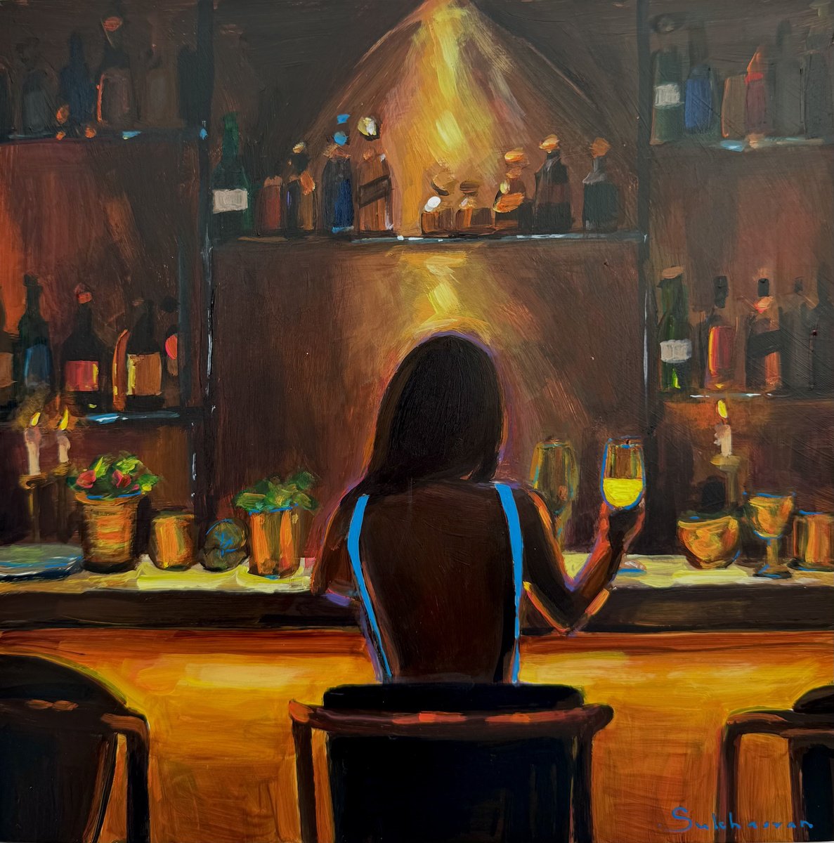 Impressionistic Portrait Acrylic Painting By Victoria Sukhasyan, 10 X 10", At The Bar, Original Artwork