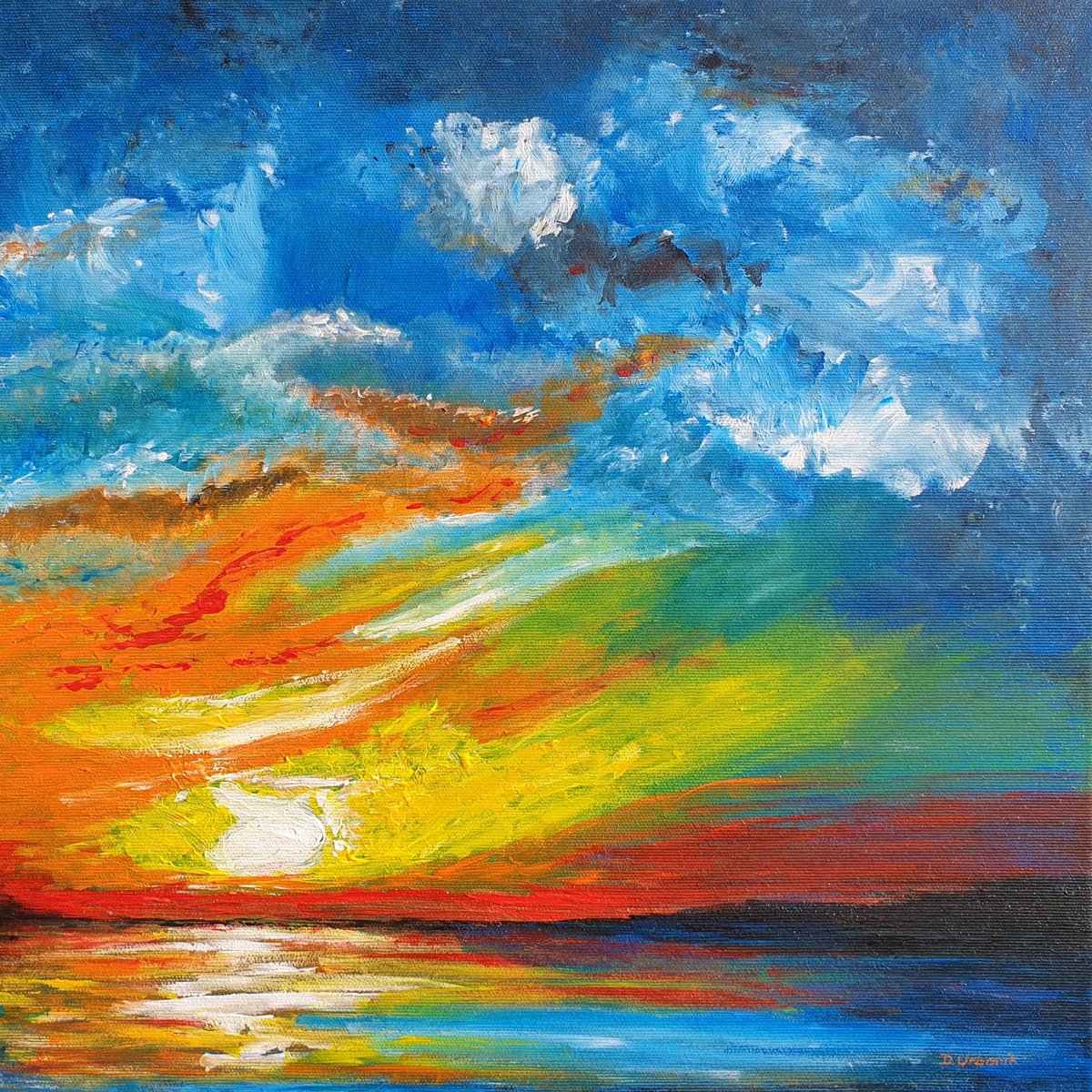 Photorealistic Landscape Acrylic Painting By Daniel Urbani?k, 16 X 16, Setting Sun 1, Original Artwork