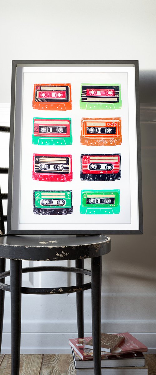 Linocut tapes #16 (cassette tapes, retro music, 70's, 80's rock culture) by Carolynne Coulson