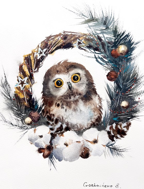 Owl and Christmas wreath #2