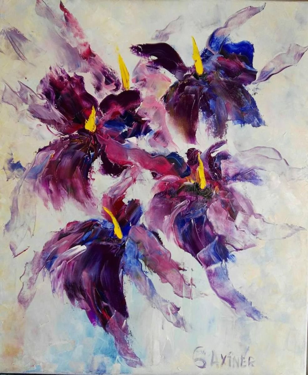 Impressionistic Botanical Oil Painting By Leo Baxiner, 20 X 24", Iris, Original Artwork