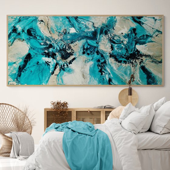 Creamed Honey Rush 270cm x 120cm Cream Teal Textured Abstract Art