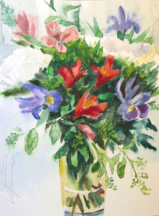 Blue White Red Flowers Watercolor Painting Loose Bunch of Florals