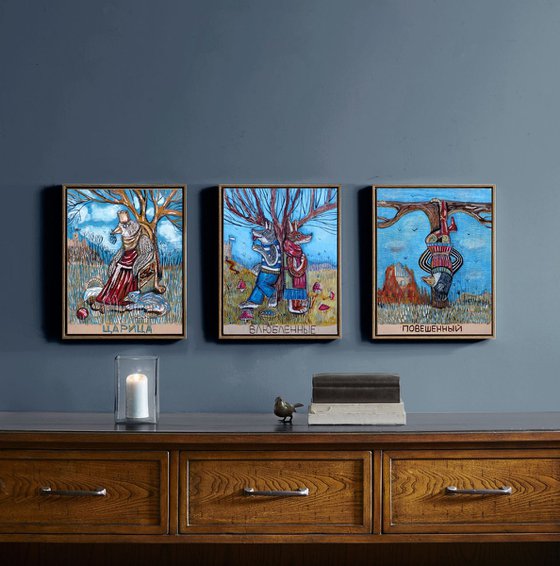 Three Tarot cards. Triptych.