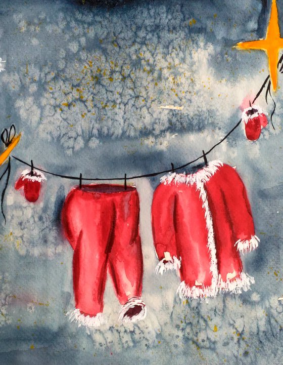 Santa Claus Painting Christmas Original Art Sleeping Santa Small Watercolor Moon Artwork Home Wall Art 14 by 10" by Halyna Kirichenko