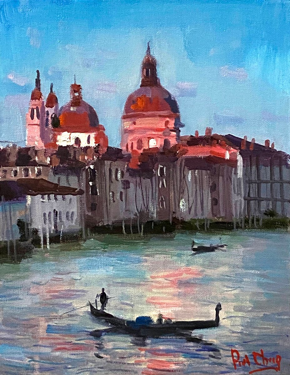 Impressionistic Cityscapes Oil Painting By Paul Cheng, 9 X 12", Venice Dusk #2, Original Artwork