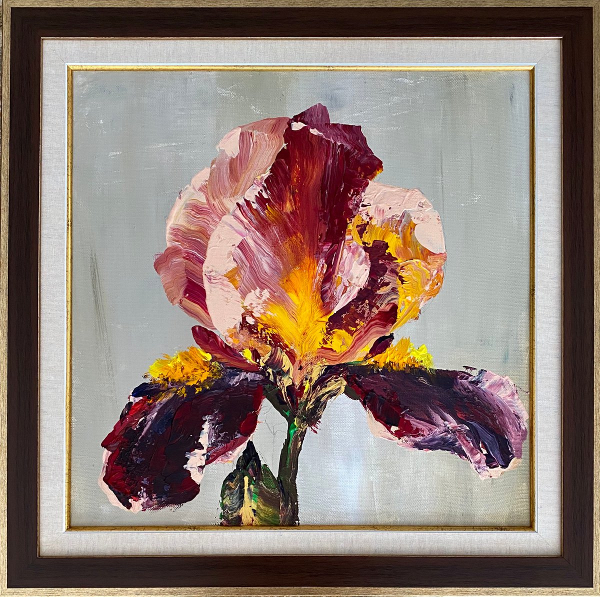 Iris in maroon original painting on canvas acrylic flowers by Oksana Petrova