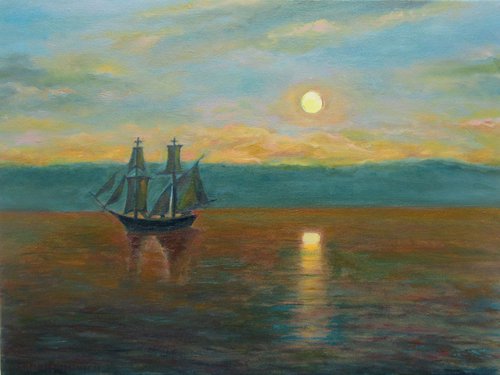 A ship by the Light of the Setting Sun - Original Seascape Oil on Canvas Traditional Impressionistic Marine Sea Sunset Dusk to Twilight in the Night Dark Orange Blue Sail Boat Harbour Sealine Port by Katia Ricci