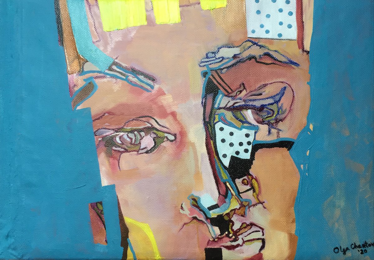 Portrait blue emotional face figurative painting on canvas by Olga Chertova