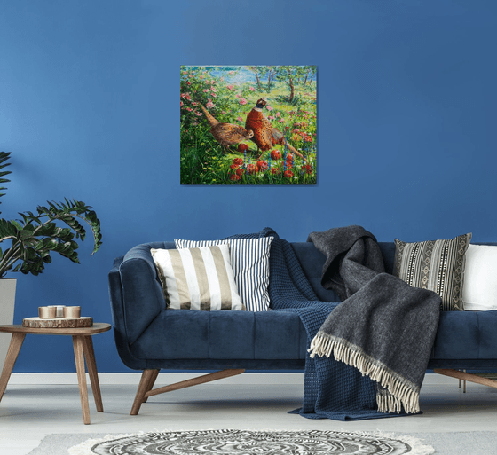 PHEASANTS IN APPLE GARDEN