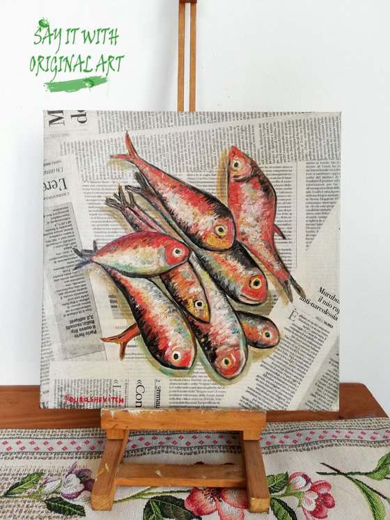 "Red Fishes on Newspaper" Original Oil on Canvas Board 12 by 12 inches (30x30 cm)