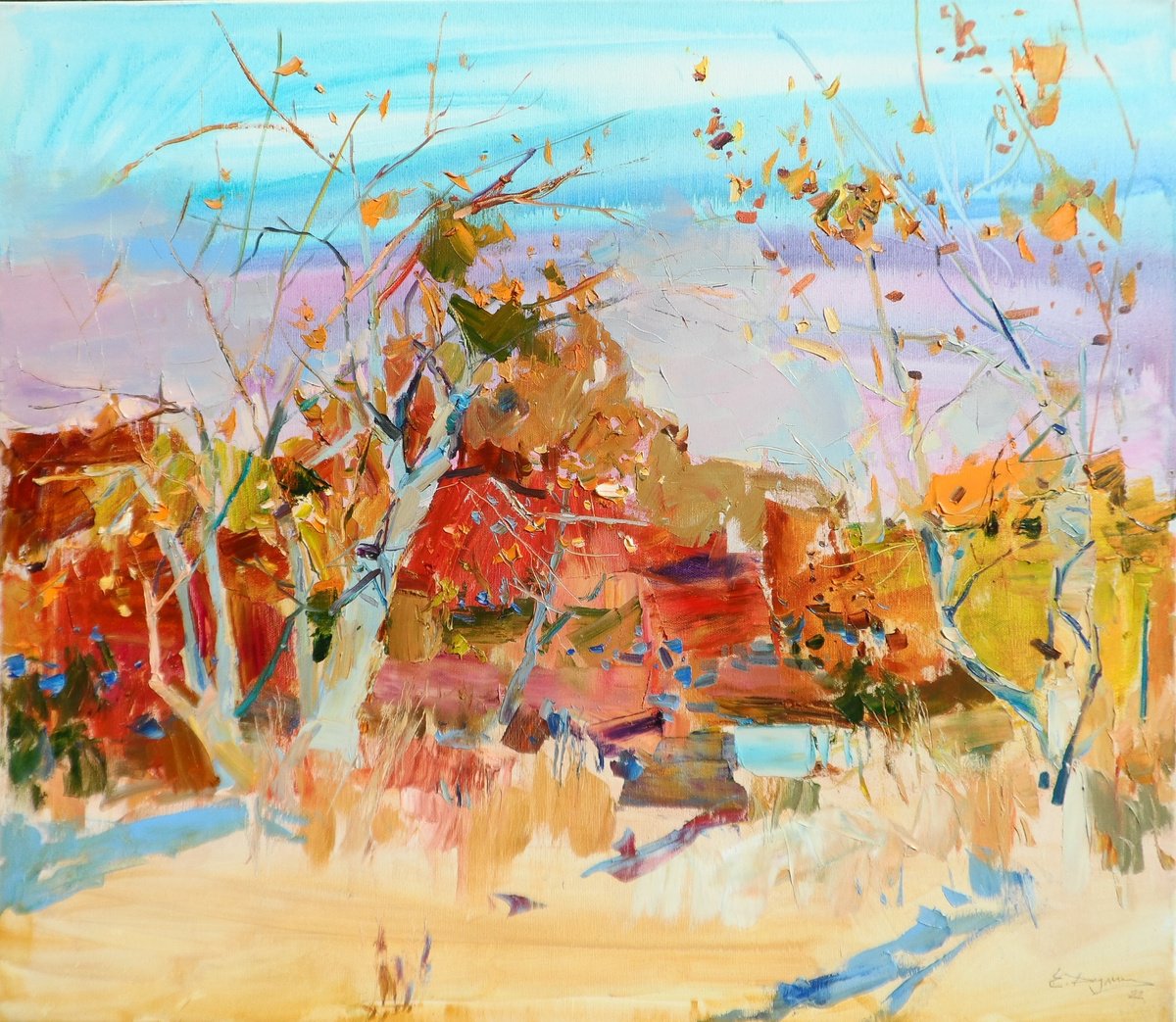 Impressionistic Landscape Oil Painting By Yehor Dulin, 31 X 28", Autumn Garden, Original Artwork