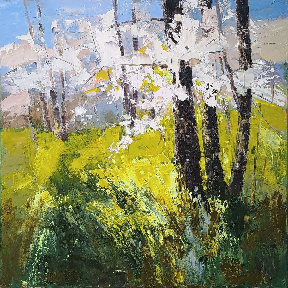 Expressive Landscape Oil Painting By Emilia Milcheva, 24 X 24, Exploading Life, Original Artwork