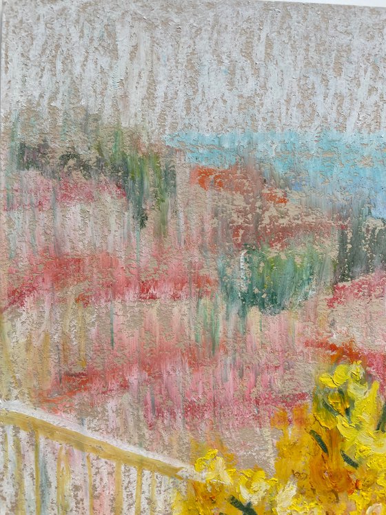 Mimosa Original Painting, Yellow Flowers Oil Pastel Painting, Italian Balcony Drawing