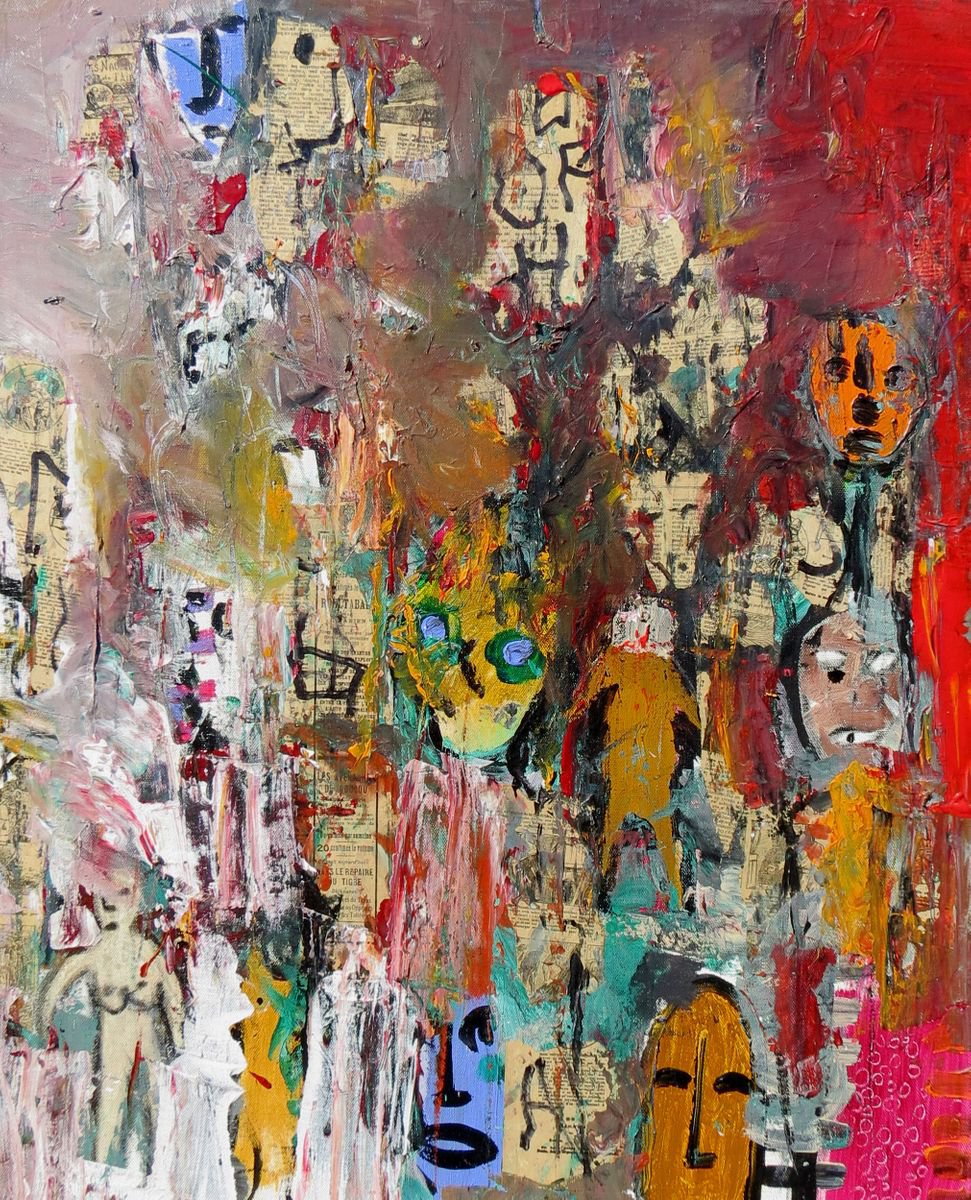 Abstract Painting By Jacques Donneaud, 24 X 29, Hallowen Masks Graffitis, Original Artwork