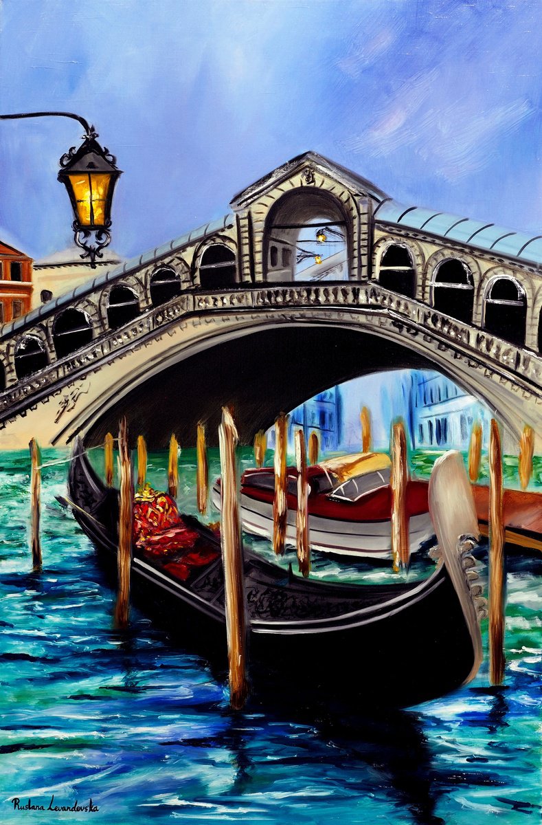 Impressionistic Cityscapes Oil Painting By Ruslana Levandovska, 24 X 36", Gondolas At The Rialto Bridge In Venice, Artfinder
