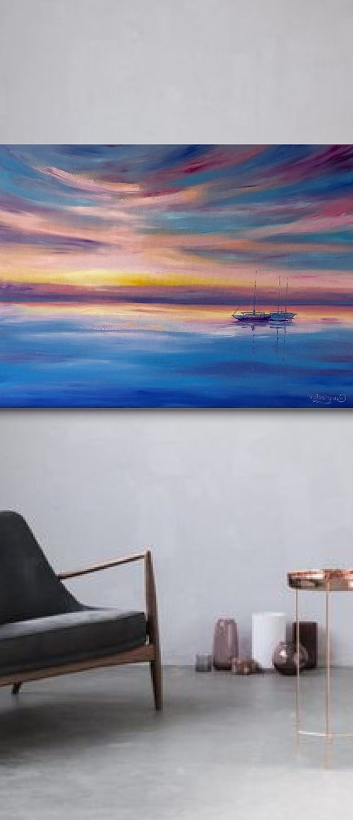 "Calm". 100x70cm. Sea. Ships at sea. Oil painting. Seascape by Mary Voloshyna