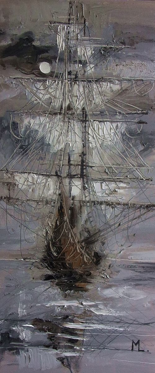 " EXPEDITION I  " SHIP BOAT SAIL original painting palette knife GIFT MODERN URBAN ART OFFICE ART DECOR HOME DECOR GIFT IDEA by Monika Luniak