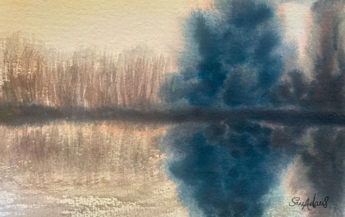 Reflections, trees, reeds by Samantha Adams professional watercolorist