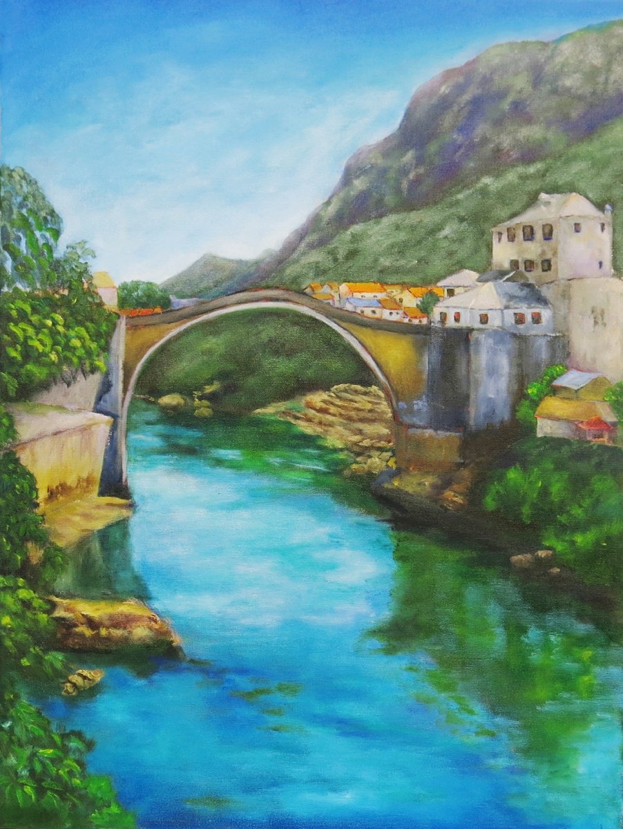 Impressionistic Landscape Oil Painting By Maureen Greenwood, 18 X 24", Mostar Bridge, Original Artwork