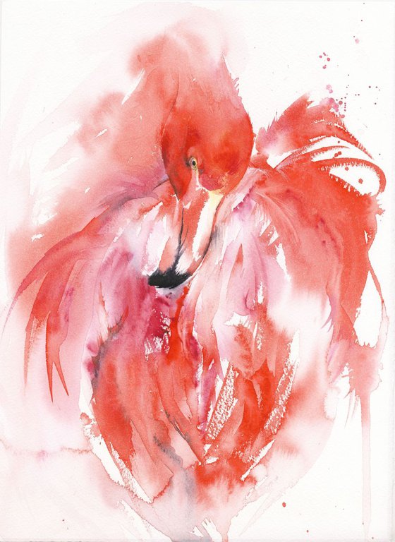 Flamingo Flurry - Watercolour painting of a Flamingo