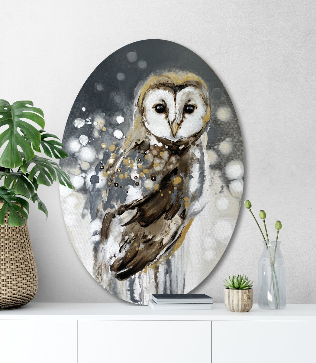 Expressive Animal Acrylic Painting By Anna Cher, 14 X 20, Night Owl, Original Artwork