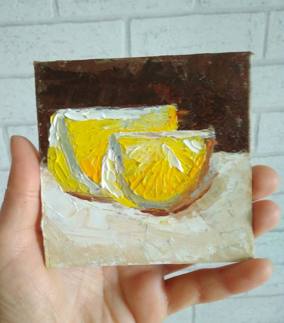 Lemon Painting Fruit Original Art Citrus Impasto Artwork Mini Oil Painting