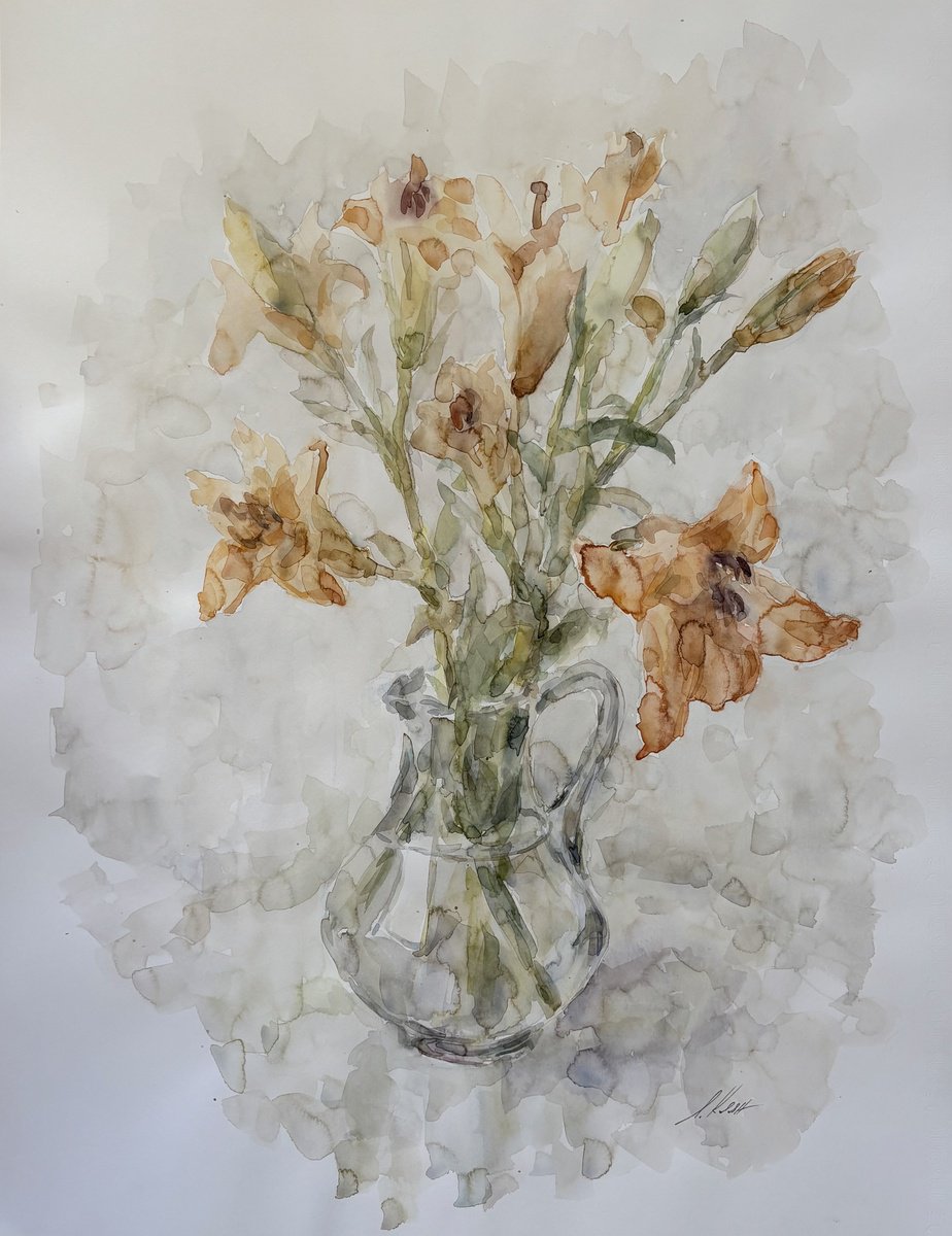 Impressionistic Watercolour , Lilies 50X65 Cm 2025 By Elena Klyan, 20 X 26, Artwork For Sale On Artfinder