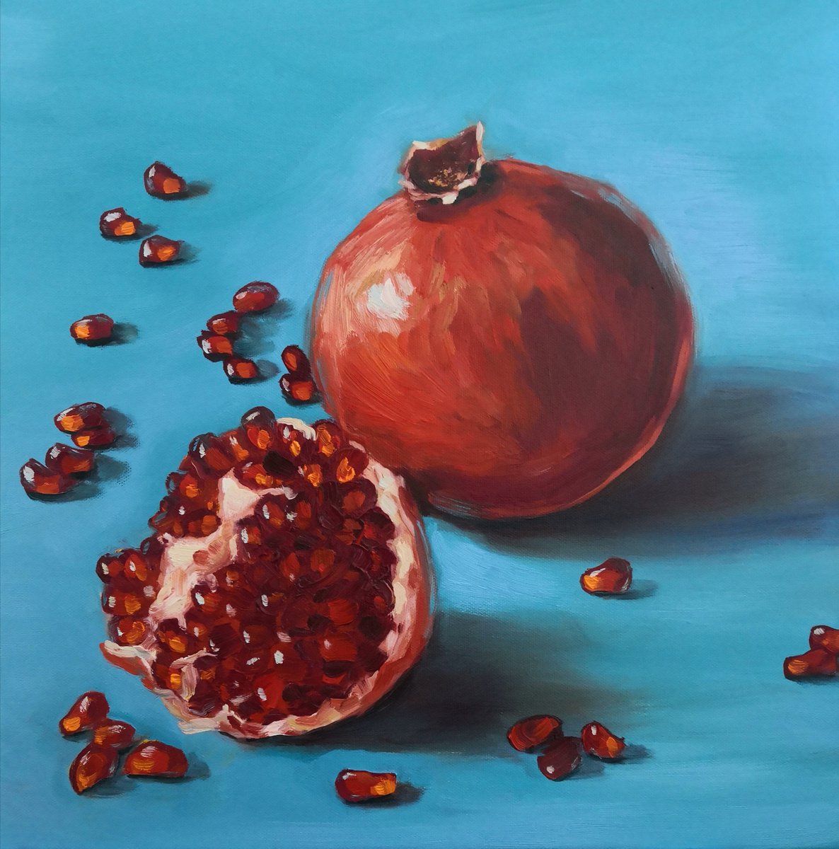 Ripe red pomegranates on turquoise - blue background still life 2 by Jane Lantsman