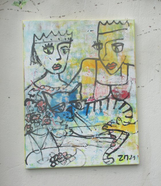 expressive queens, friends with cat, girl portrait 35,4 x 29,4 inch