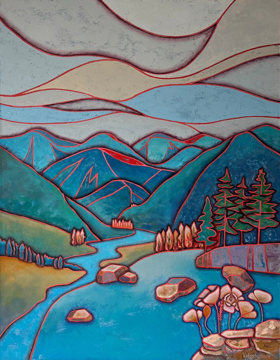 Abstract Landscape Oil Painting By Mary Voloshyna, 28 X 35", Nature Is Holding Its Breath, Original Artwork