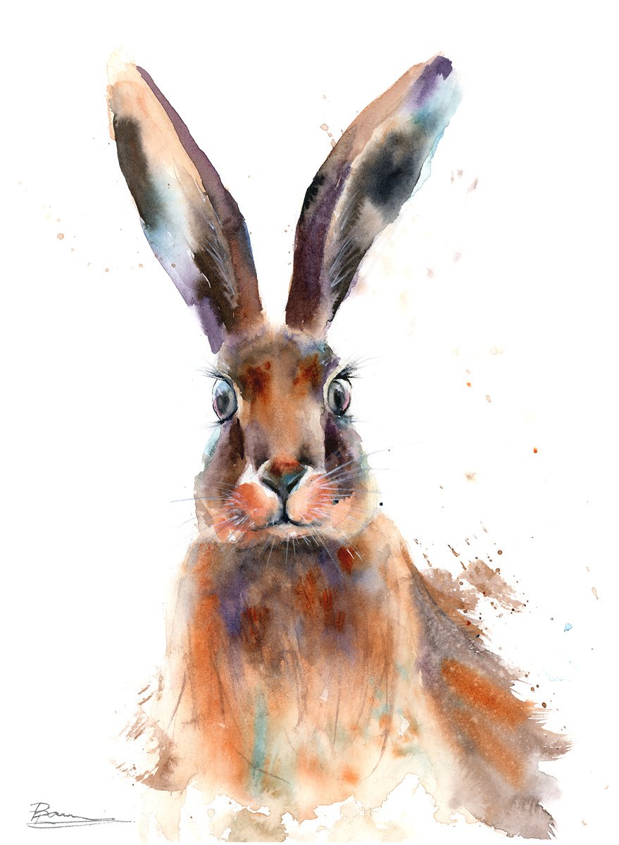 Impressionistic Animal Watercolour By Olga Tchefranov (Shefranov), 10 X 14", Wild Hare Portrait, Original Artwork