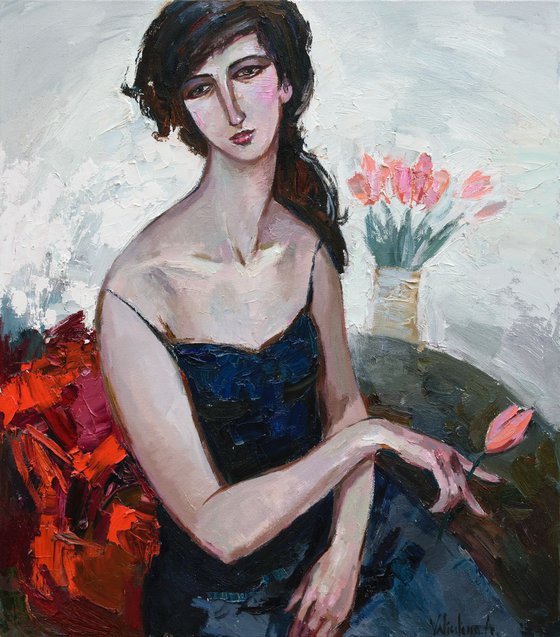 Pink Tulips - Woman portrait inspired by Modigliani