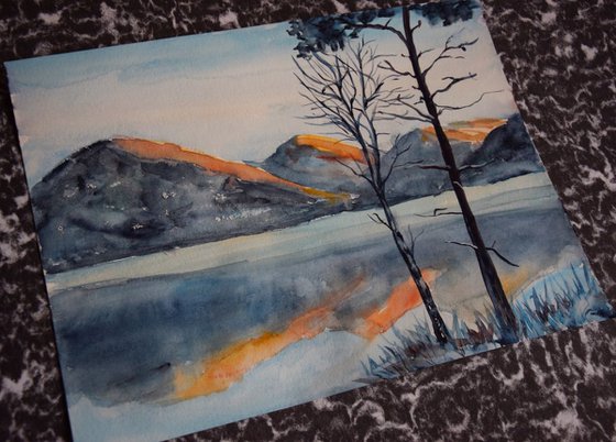 Norwegian original watercolor painting Winter mountains in Norway, snowy fjords in sunset, lake