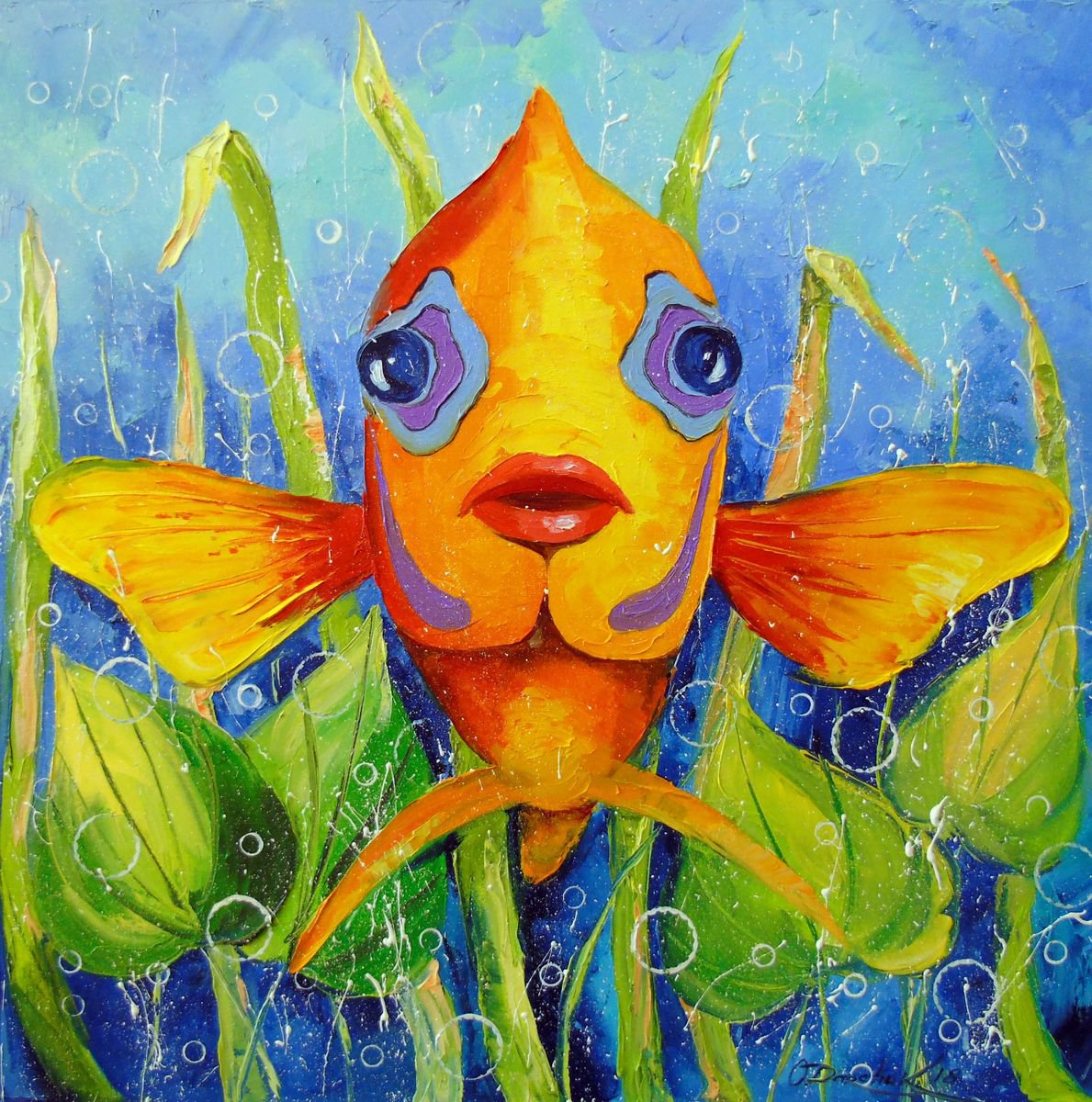 Impressionistic Animal Oil Painting By Olha Darchuk, 20 X 20", Fish Angel, Original Artwork