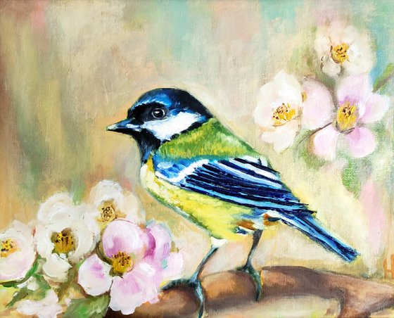 Chickadee on flowering branch