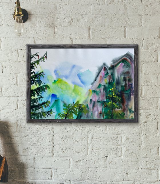 Mountain Watercolor Painting, Foggy Landscape Original Painting, Cozy Home Decor, Green Wall Art