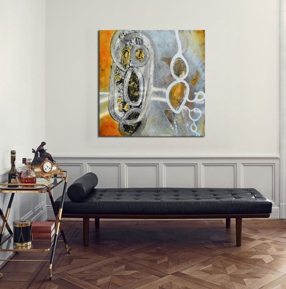 Evolution Series - large abstract painting with grey, yellow and white on wood.