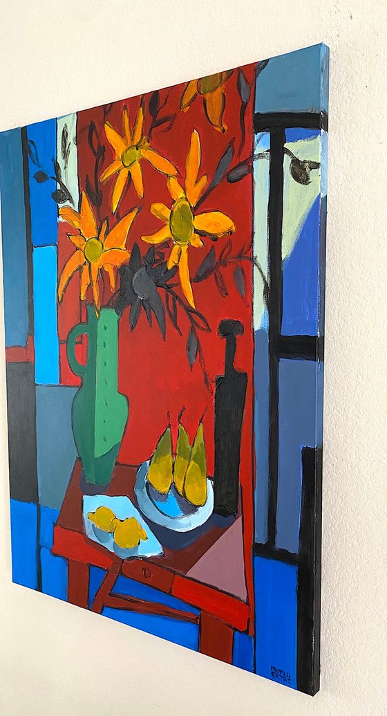 Green Vase on Red Table with Fruits.